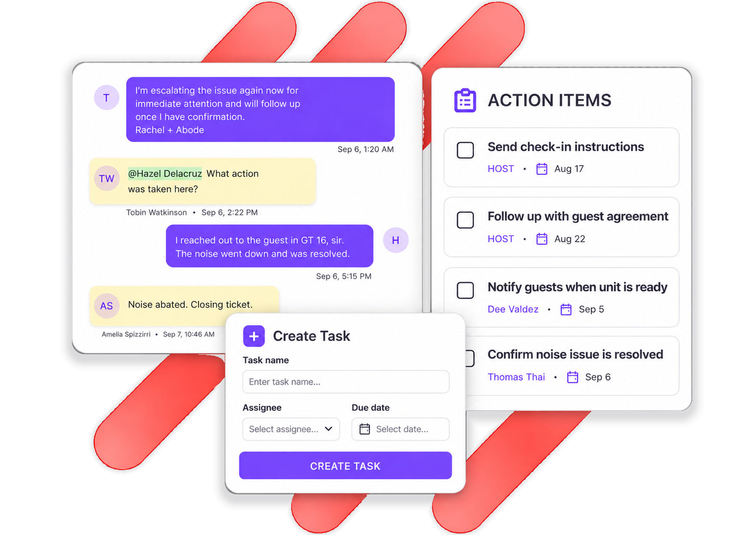 A guest thread beside a panel of action items extracted from it, each with an owner and a date, and a Create Task dialog