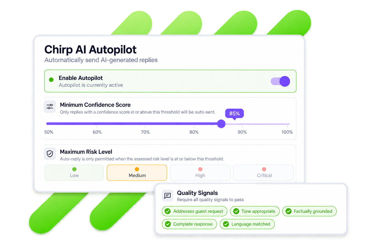 Chirp AI Autopilot settings with a minimum confidence score, a maximum risk level and the quality signals every auto-send must pass